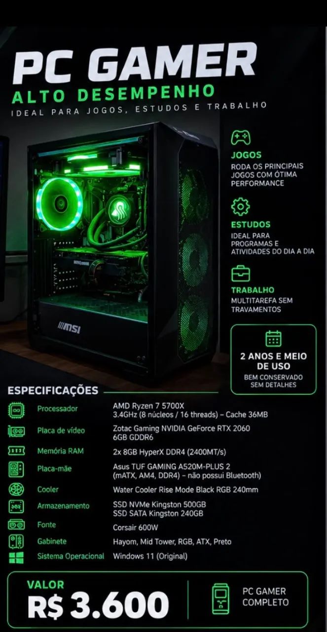 Pc Gamer + Monitor, teclado e mouse.