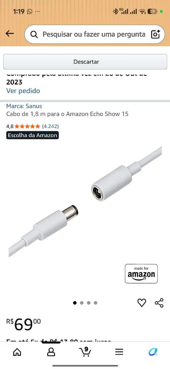 Cabo de 1,8m para Amazon Echo Show 15