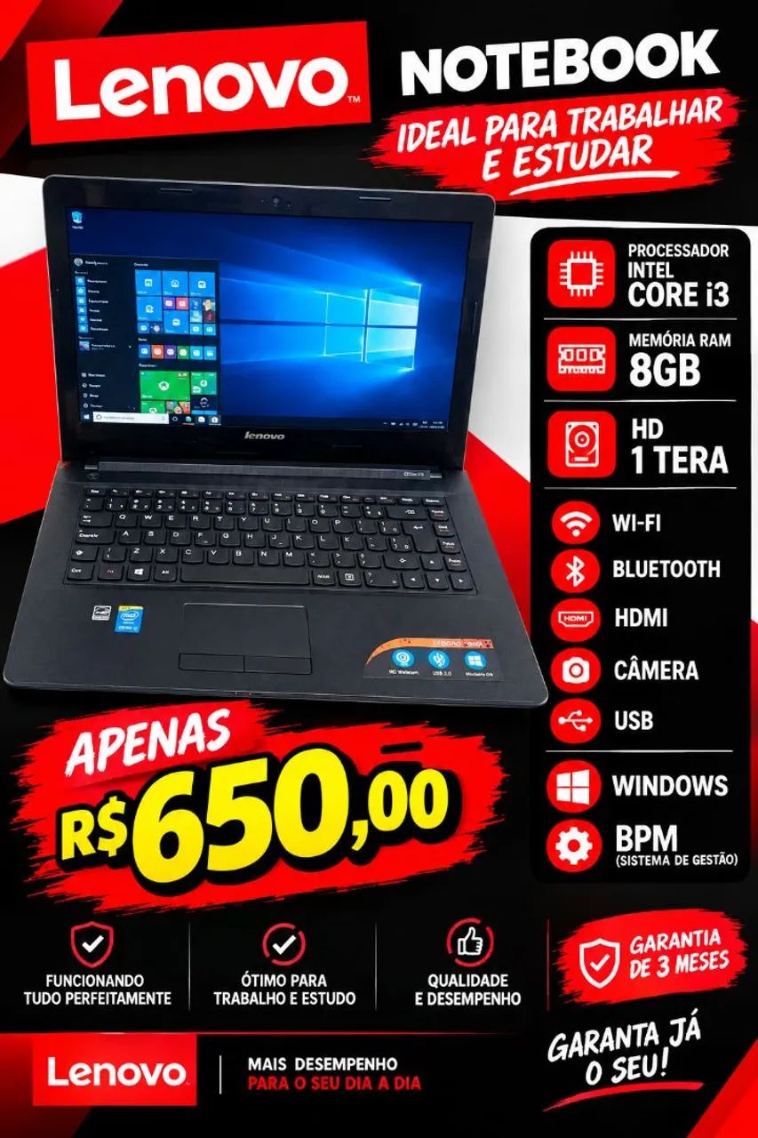 Notebook Core i3 8gb HD de 1 tera windows e pacote office 