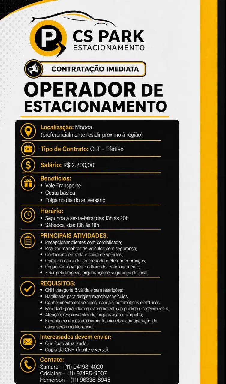 Vaga de operador de estacionamento - Mooca