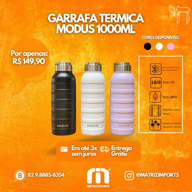 Garrafa Térmica Modus inox 304 1000ML - Ideal para Bebidas Quentes e Frias!