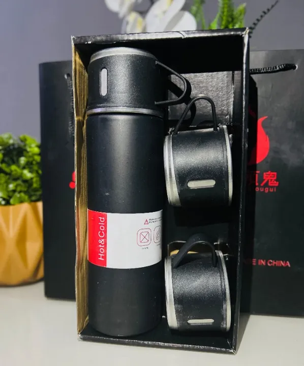 Kit Garrafa Térmica Vacuum Flask Set Inox 500ml + 3 Xícaras