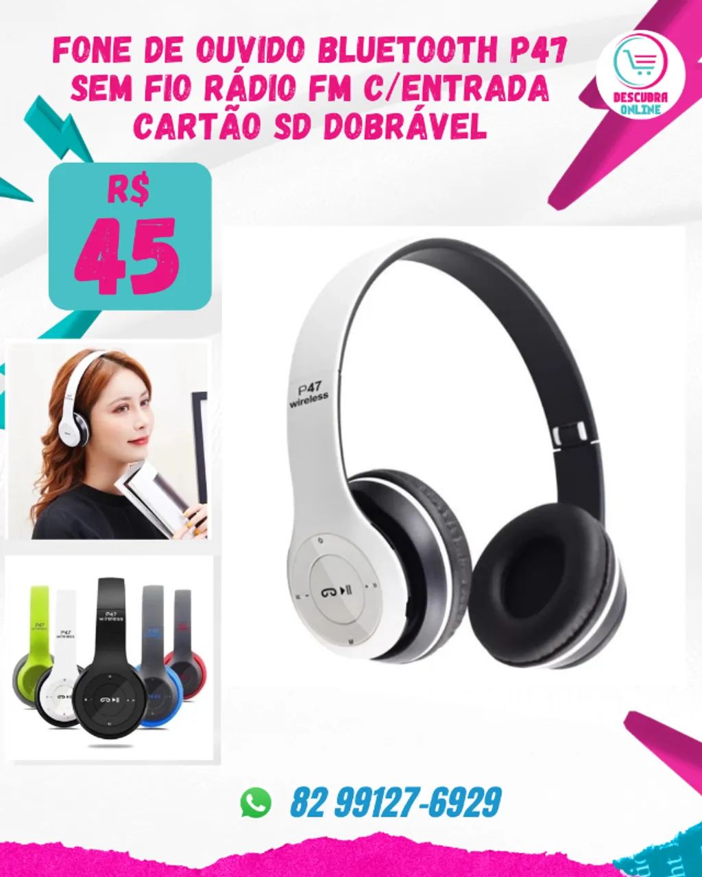 Fone de Ouvido Bluetooth P47 Sem Fio Rádio FM C/Entrada Cartão SD Dobrável64595542792195120