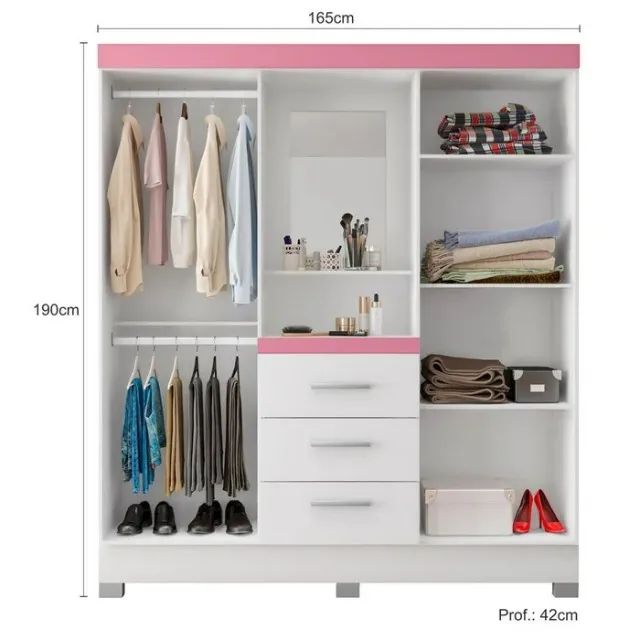 Guarda Roupa Infantil 4 Portas 3 Gavetas Caribe Com Espelho Branco Rosa - Montagem Grátis  - Foto 4