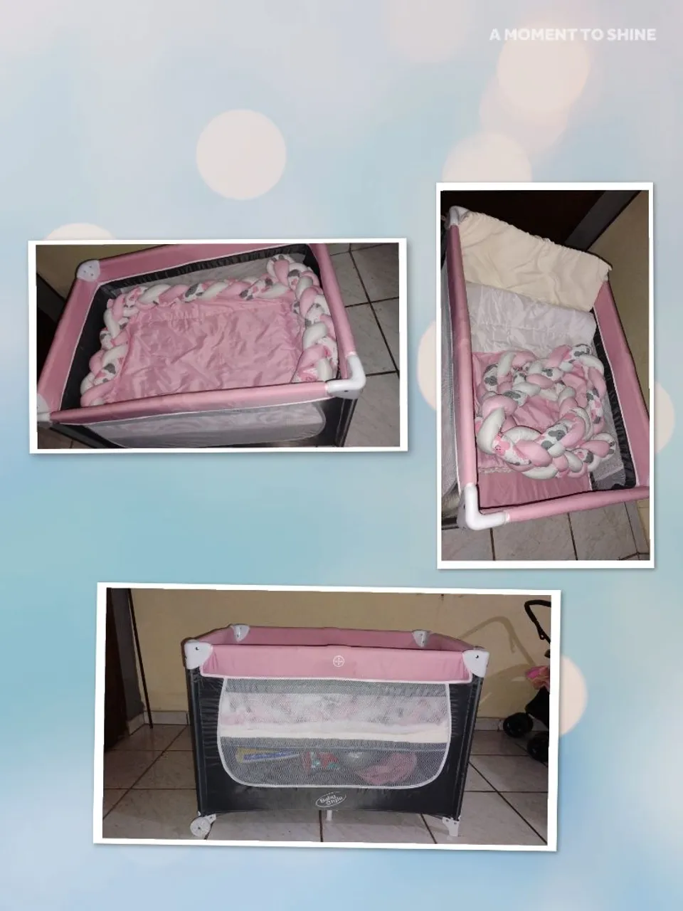 Berço portátil rosa com detalhes em trança acompanhado de um colchão e edredom