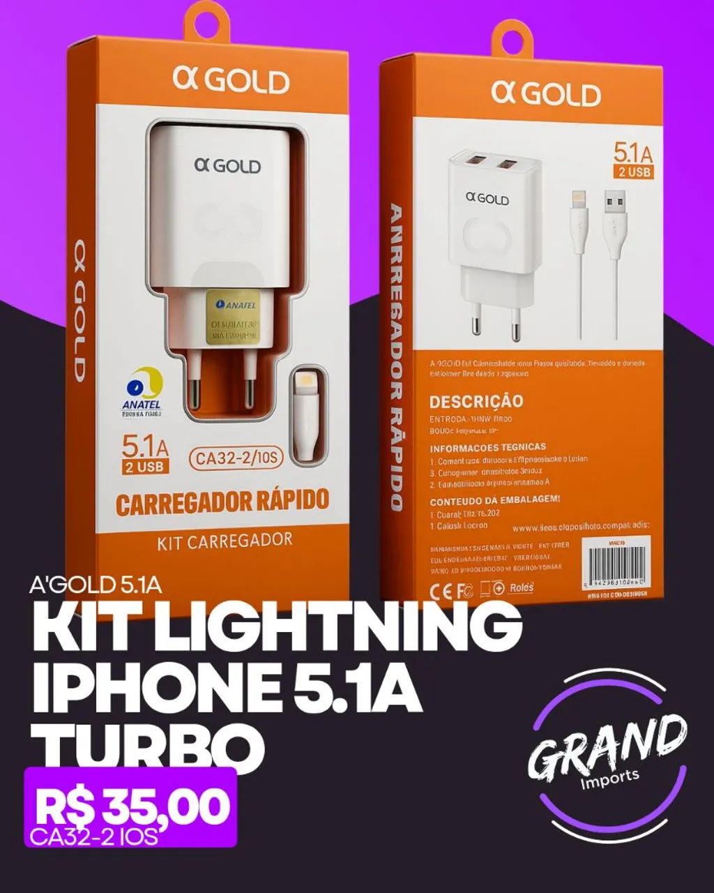 Kit cabo e carregador Lightning para iPhone 