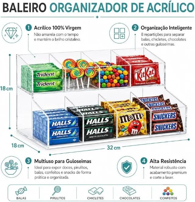 Expositor em acrílico 2 degraus com 8 divisórias 