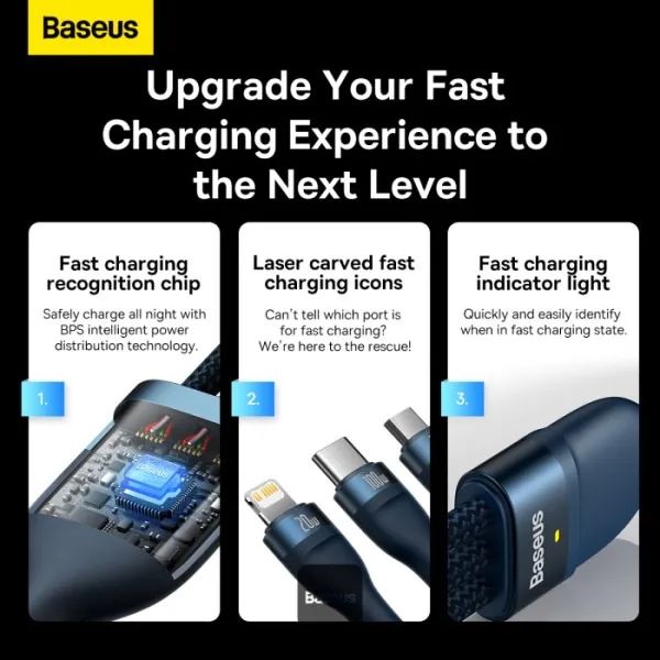 Cabo Carregador Baseus 3Em1 Triplo 100w Usb E Micro Para iPhone, Xiaomi Macbook iPad Pro - Foto 4