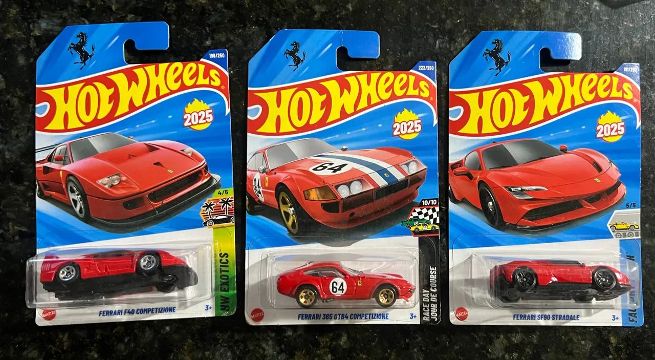 Trio Hot Wheels Ferrari 2025 Lacrados - F40, 365 GTB4 Competizione