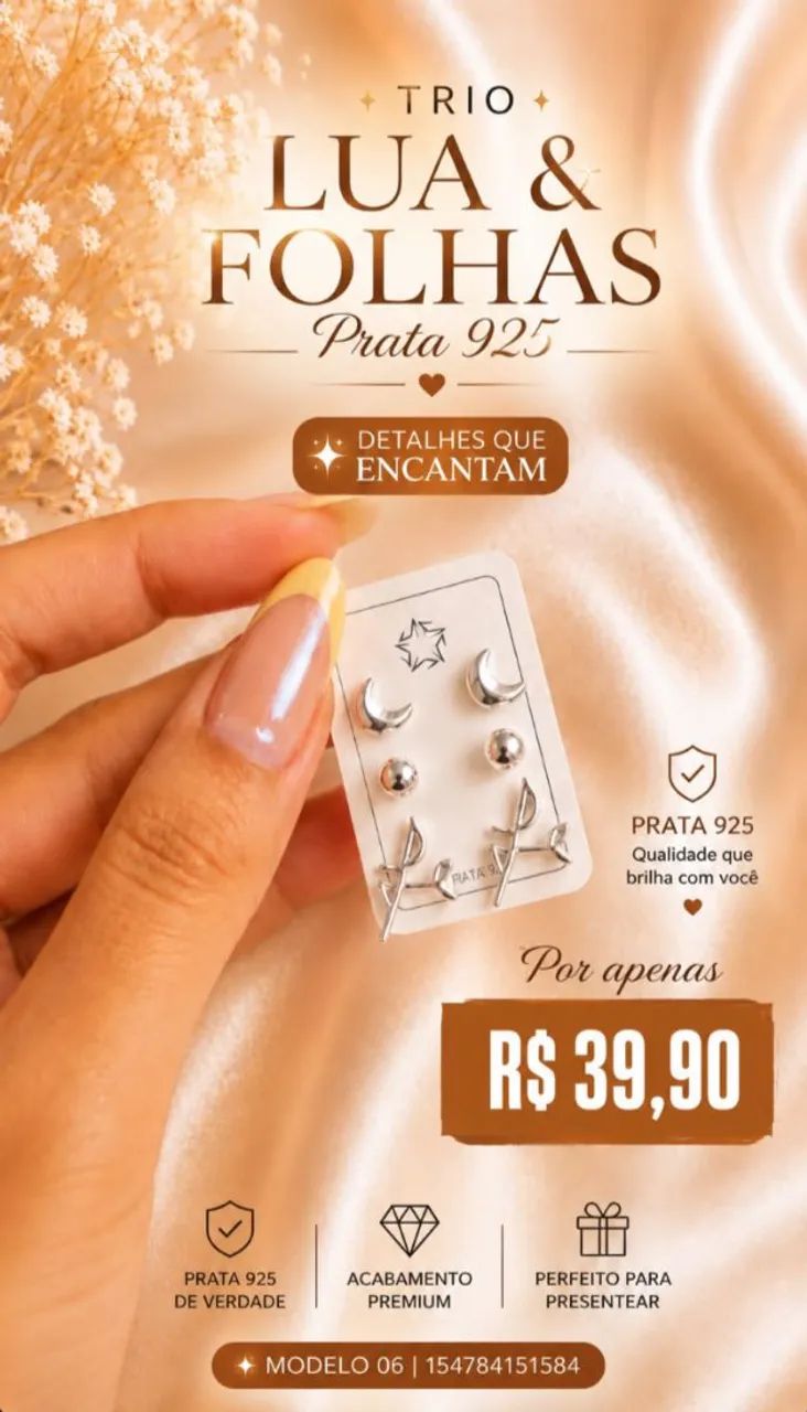 Trio de Brincos Lua e Folhas Prata 925