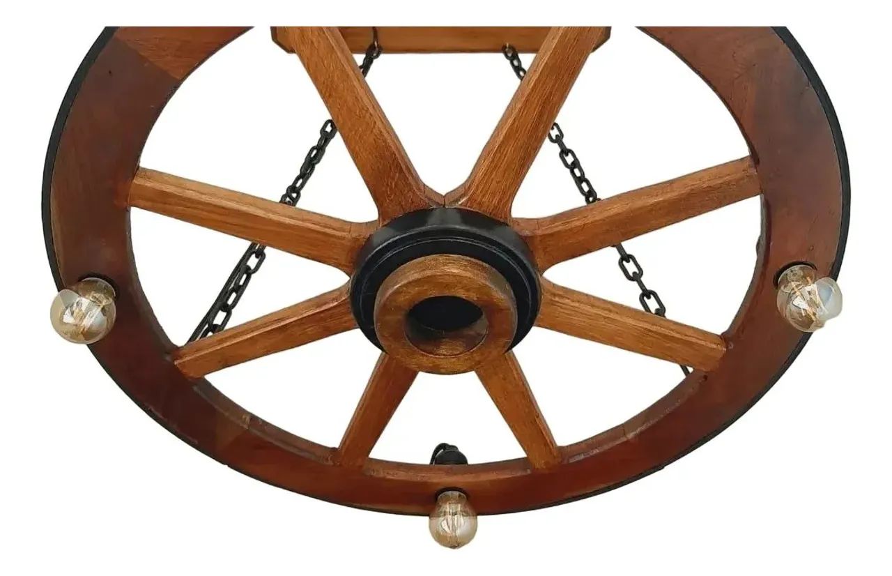 Kit 3 Lustre Rústico Roda de Carroça 60cm Madeira Maciça 3 Bocal Bivolt - Foto 4
