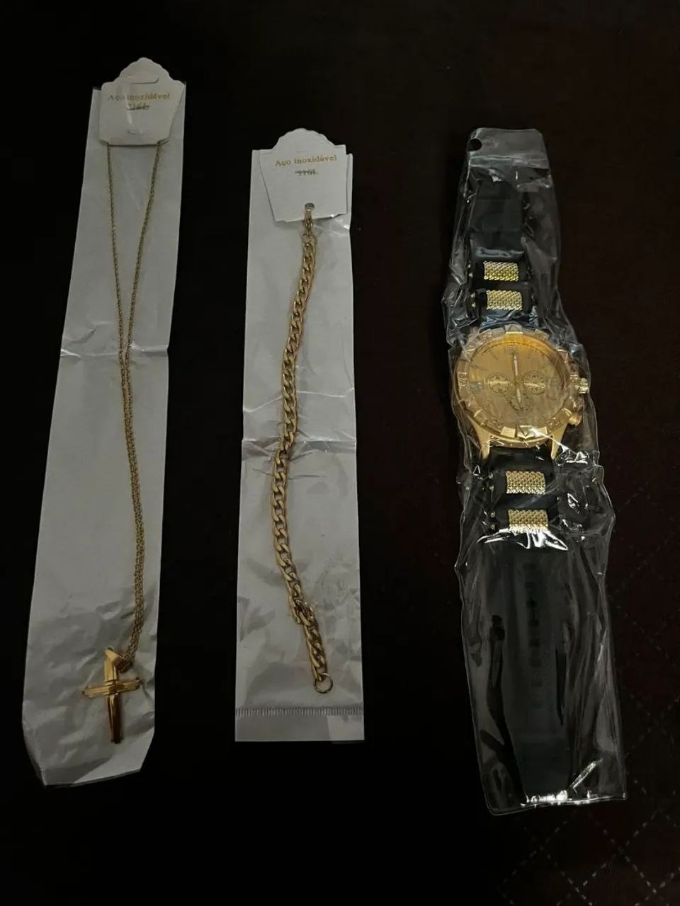 Corrente, pulseira e relógio masculino 