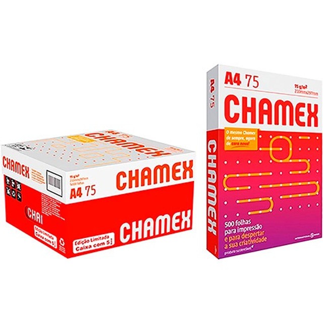 Papel Chamex A4 75g Pacote 500 Folhas - Caixa com 5 Resmas.