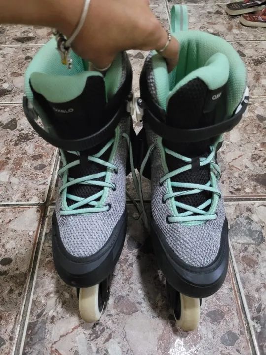 Patins De Criança, jovem Fit3 Jr Oxelounisex novo verde lindo rodinha branca tamanho 36 - Foto 4