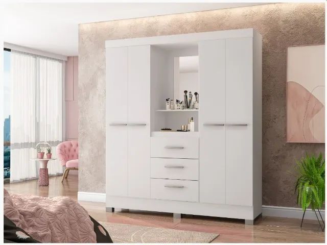 Guarda roupa para solteiro c/espelho branco rosa flex - montagem grátis 