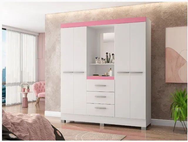 Guarda roupa para solteiro c/espelho branco rosa flex - montagem grátis  - Foto 2