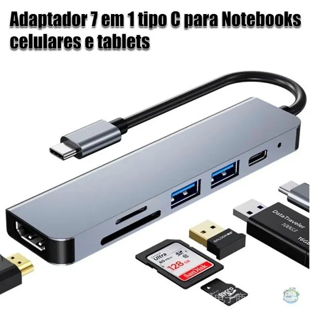 Adaptador Hub Usb Tipo C 7 Em 1 Hdmi notebooks celulares e tablets