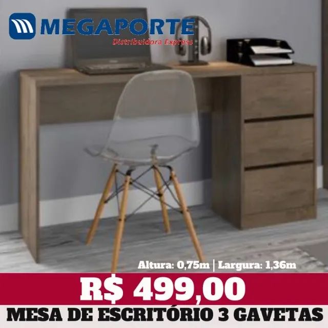 Mesa de Escritório 1,36m 3 Gavetas - 2 Cores (Novo) Entrega Grátis! - Foto 2