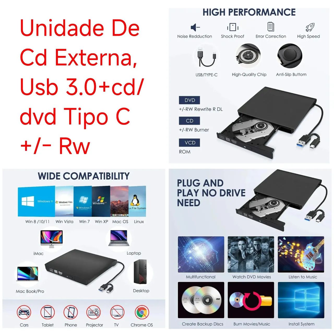 Unidade De Cd Externa, Usb 3.0+cd/dvd Tipo C +/- Rw