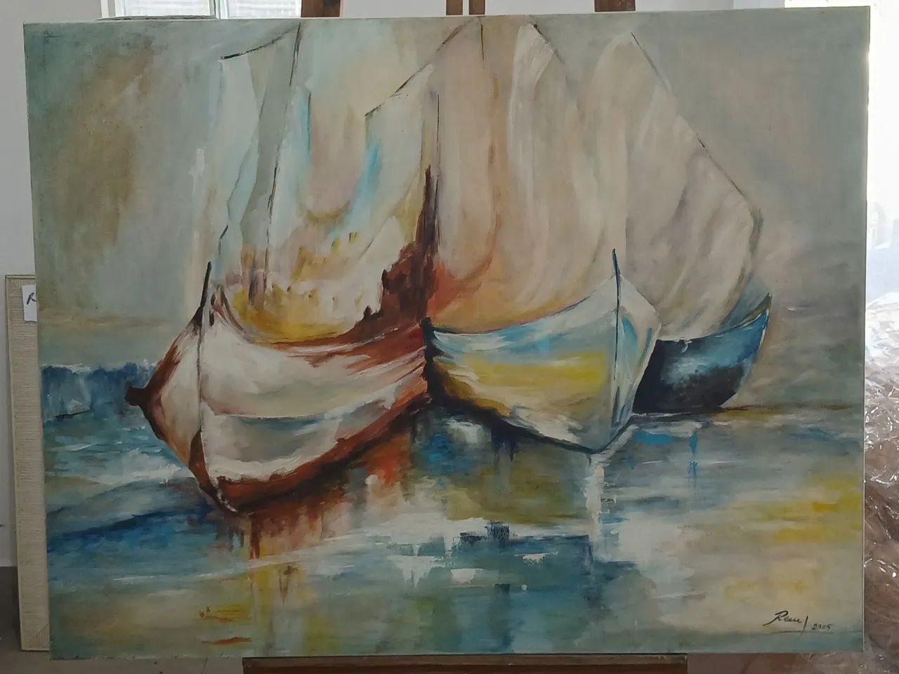 Quadro de Barcos em Óleo sobre Tela 90 cm x 70 cm