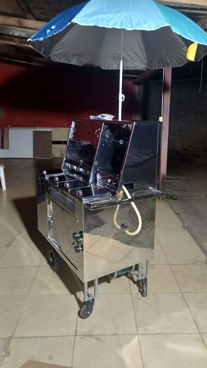Carrinho de lanche em aço inox com guarda-sol