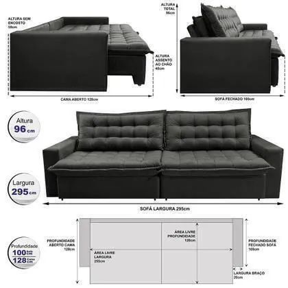 Sofá Sem Caixa Retrátil Reclinável 2,95m Cama inBox França Velusoft - Foto 5