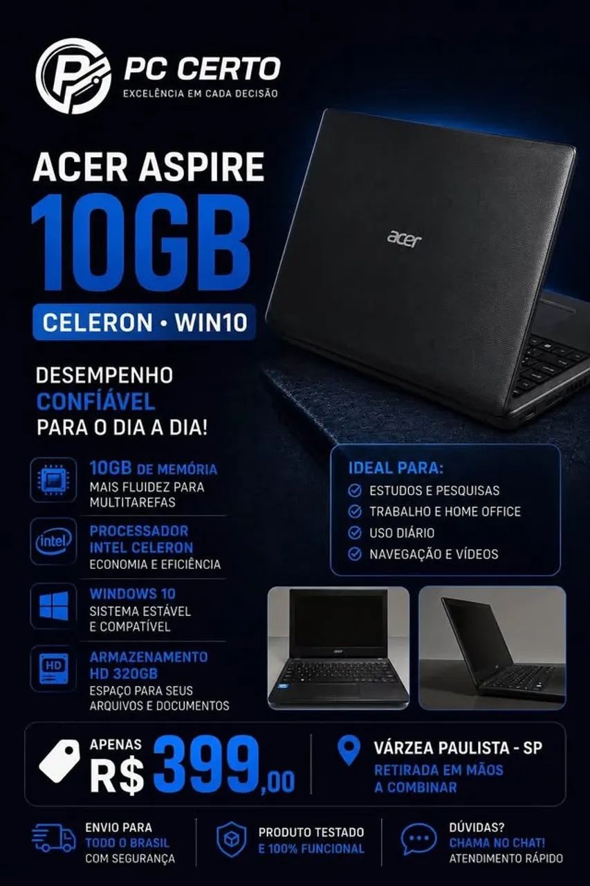 Acer aspire notebook 10gb ram celeron 3 meses de garantia