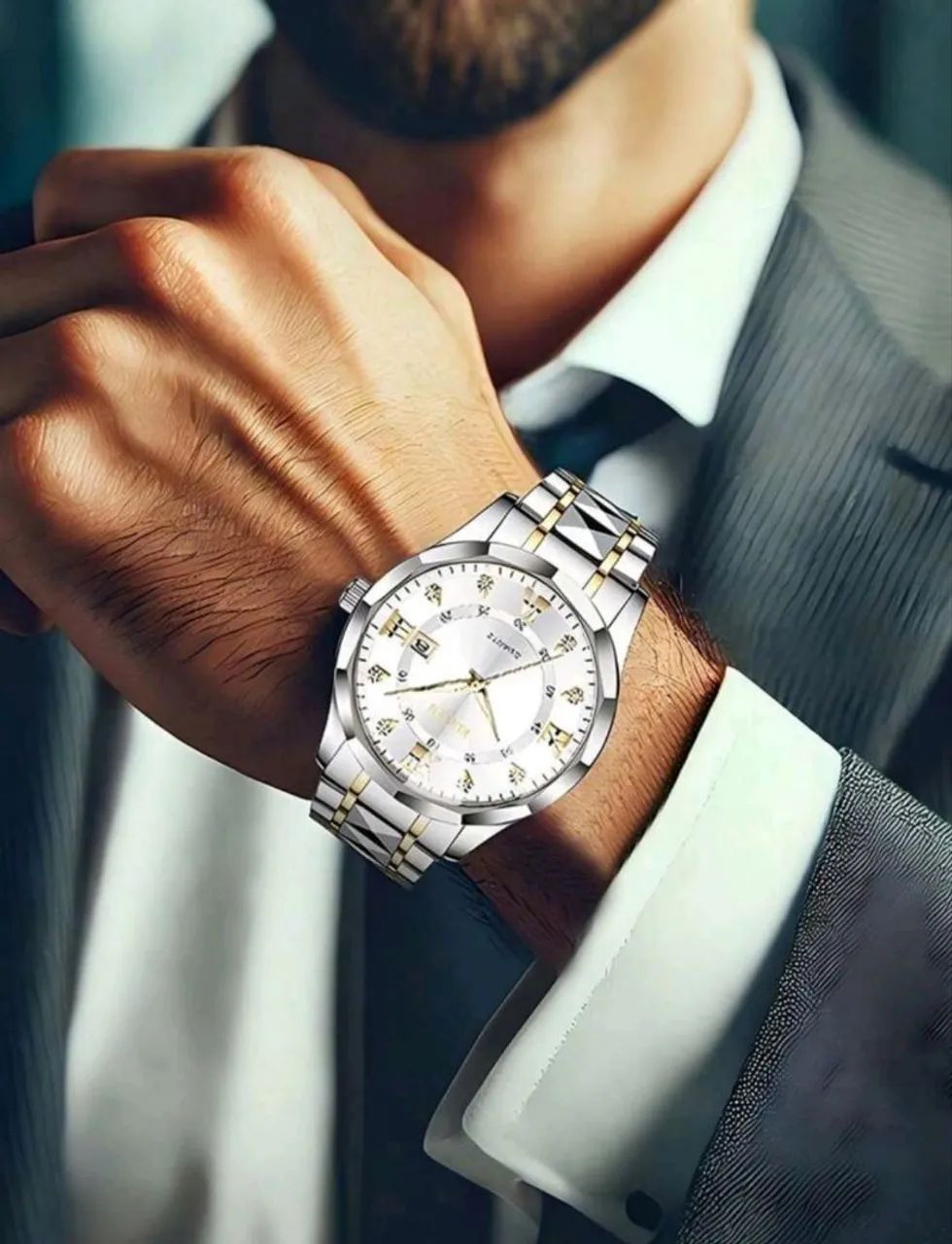 Relogio Masculino Aco Inoxidavel Prata E Dourado Quartz - Foto 3