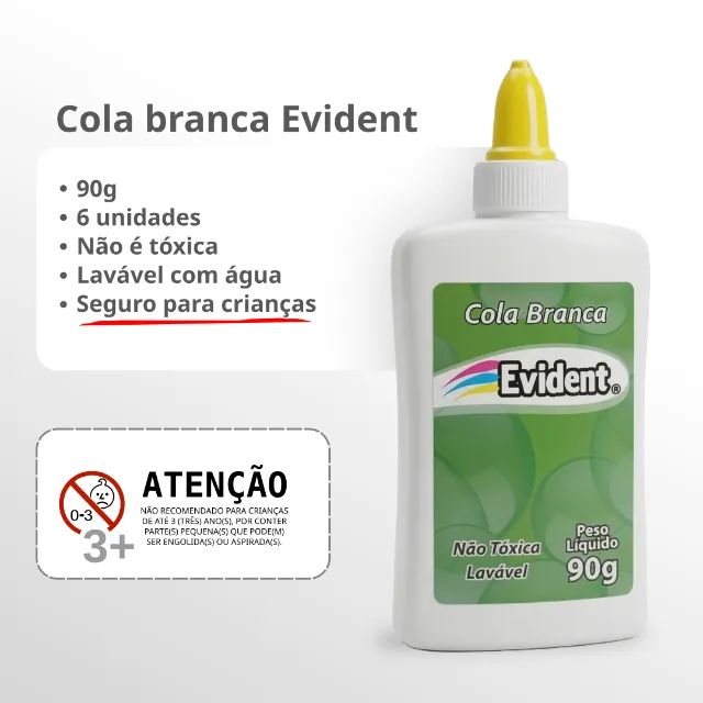 Cola Branca Evident 6 uni. de 90g - Lavável com água e não tóxica