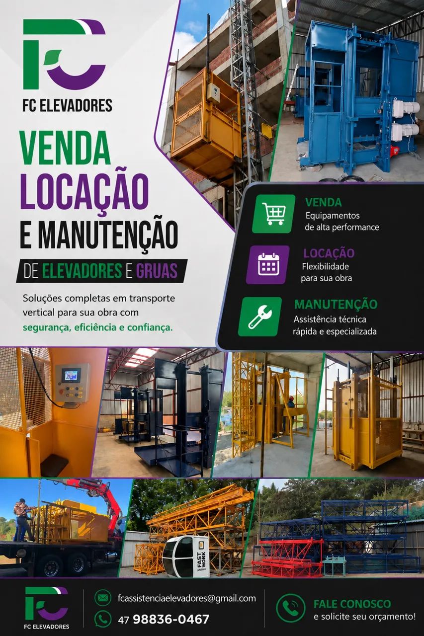 Elevadores cremalheira e gruas disponíveis para venda e locação 