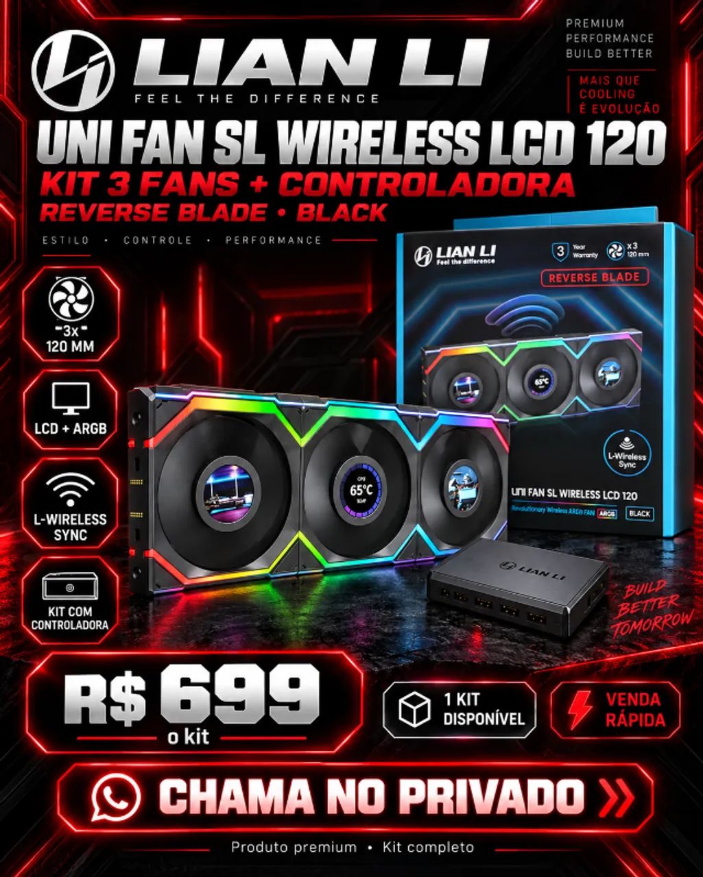 Kit 3 Fans Lian Li SL Wireless LCD 120 Reverse Black + Controladora