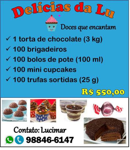 Doces para festas (Cupcakes, brigadeiros, tortas de chocolate, trufas, bolos de pote)