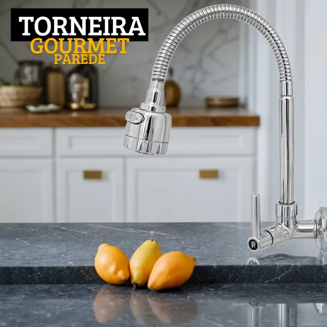 Torneira Gourmet Metal Prata Parede 1/4 de Volta 2 Jatos _ CS167