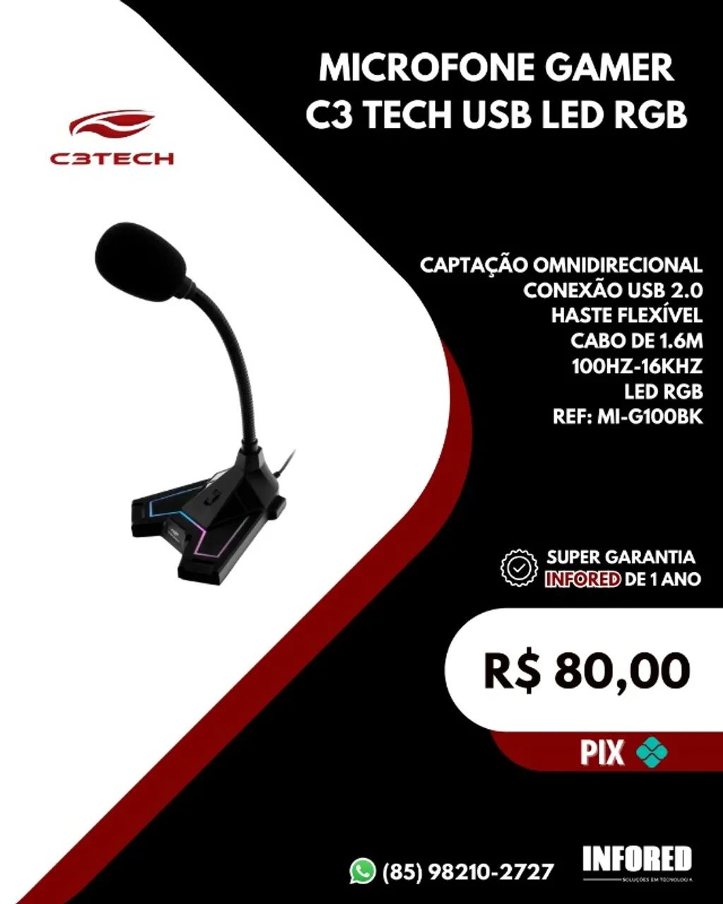 Microfone gamer C3 Tech USB LED  RGB