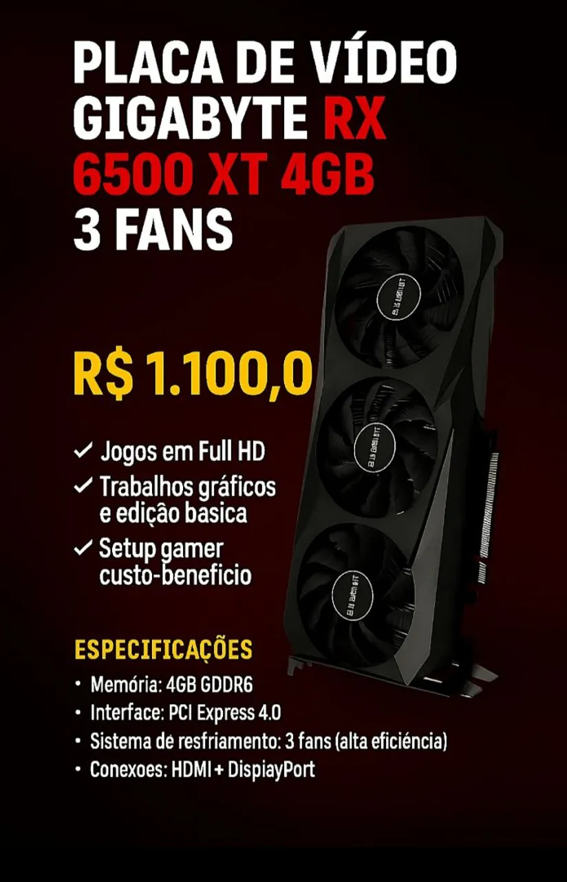 Placa de vídeo Gigabyte RX 6500 xt 4Gb 3fans