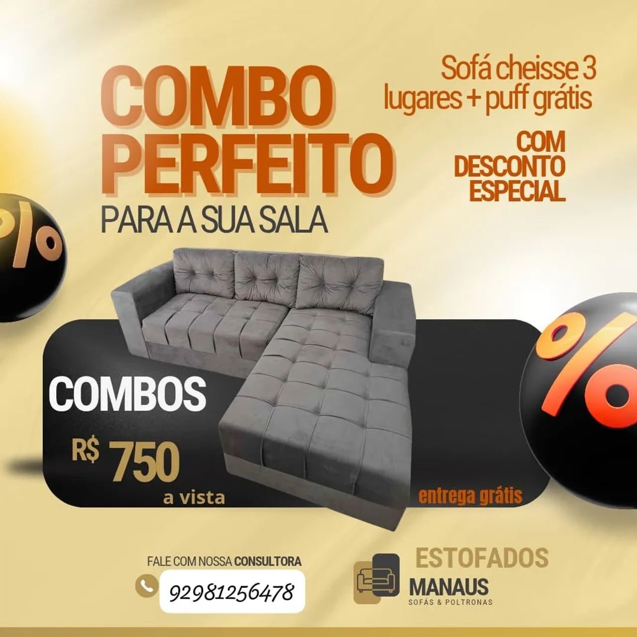 Sofá Cheisse 3 Lugares + Puff Grátis - Combo Perfeito