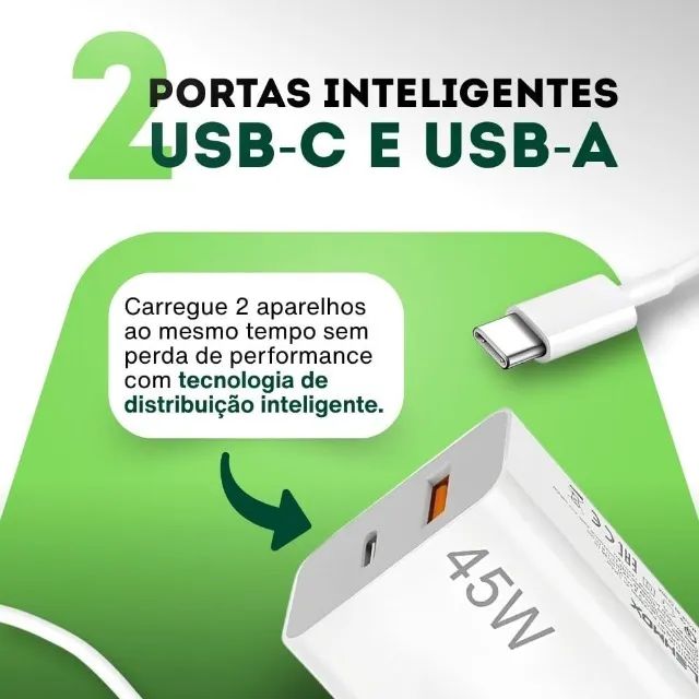 Carregador Universal Super Turbo 45W - 2 Saídas USB-C e USB-A, iphone 15 e 16 e android - Foto 4