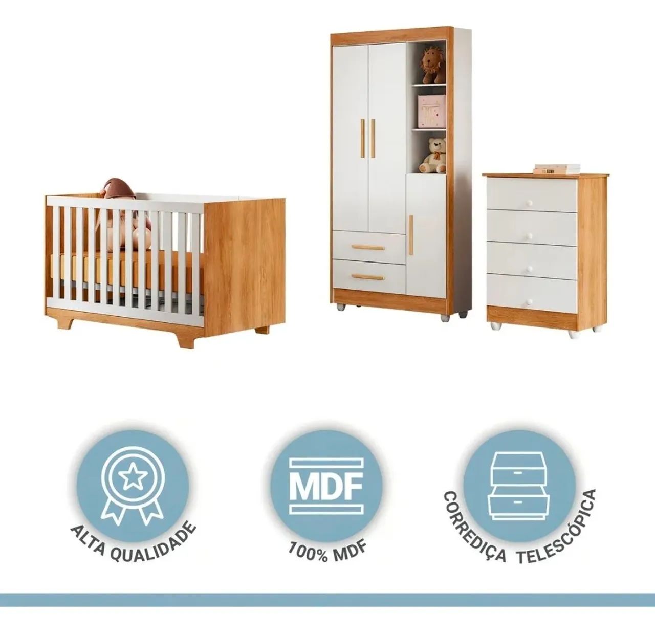 Quarto De Bebê Completo 100% Mdf Com Cômoda Berço e Guarda Roupas - Foto 3