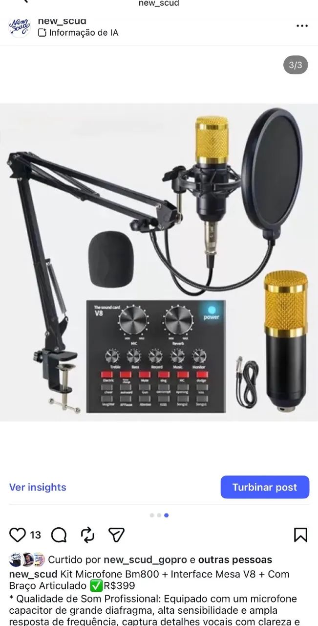 Kit Microfone Bm800 + Interface Mesa V8 + Com Braço Articulado - Foto 2