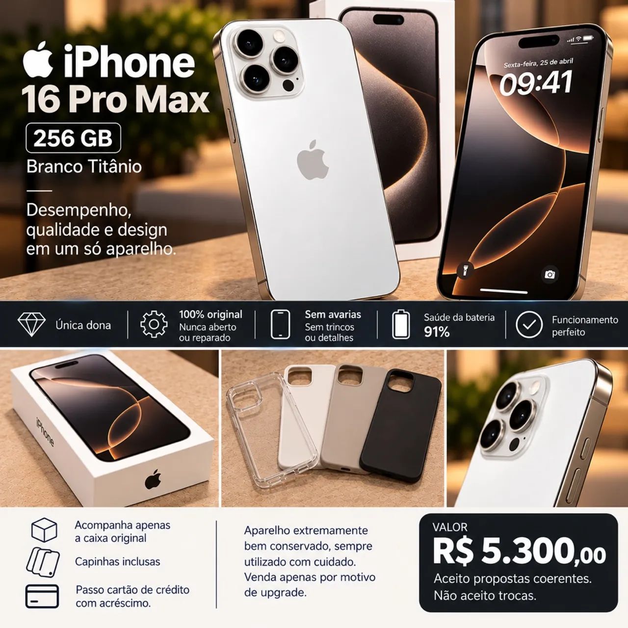 iPhone 16 Pro Max 256GB Branco - Única Dona - Impecável