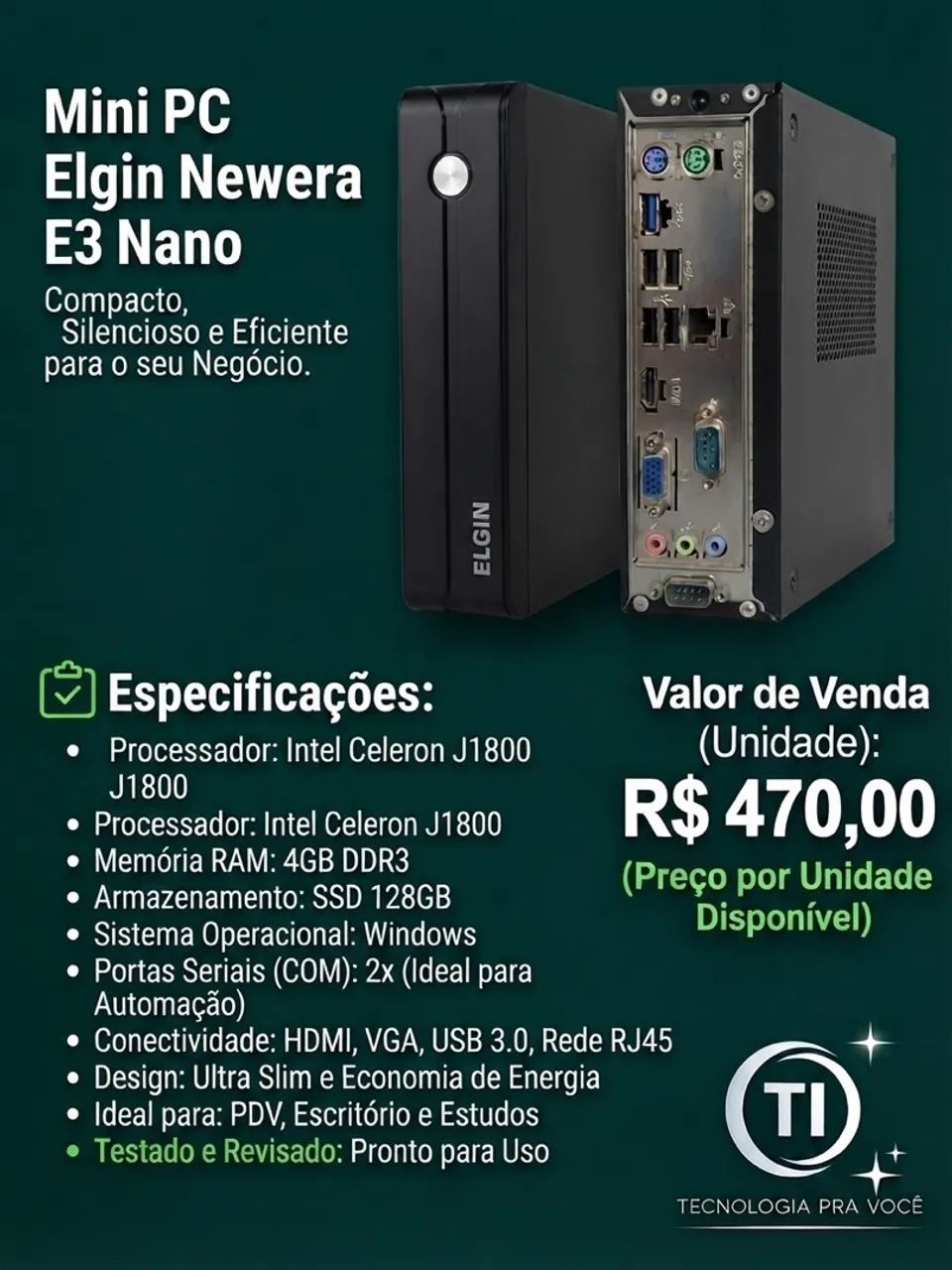 Mini PC Elgin Newera E3 Nano - Intel Celeron, 4GB RAM, SSD 128GB