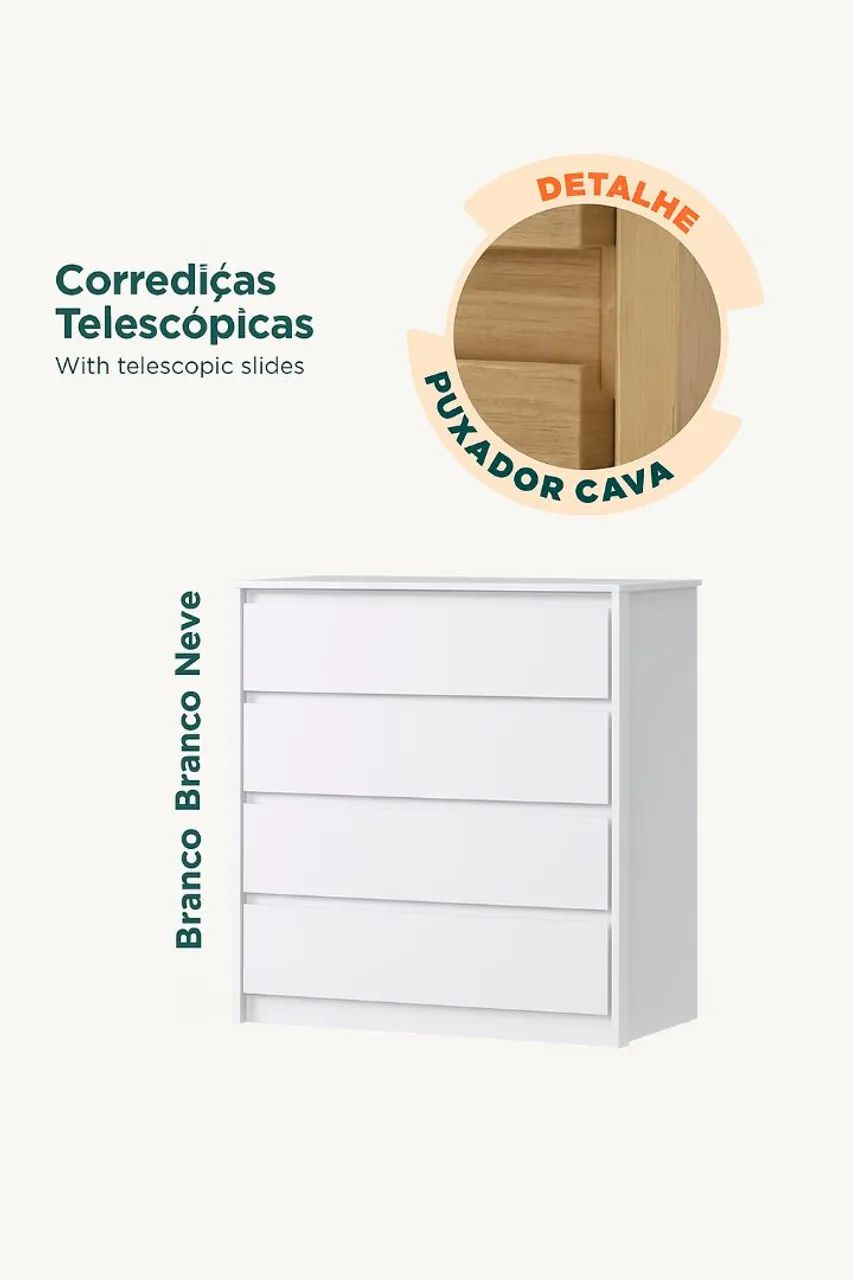 Cômoda Carla 4 Gavetas com Telescópica  - Foto 3