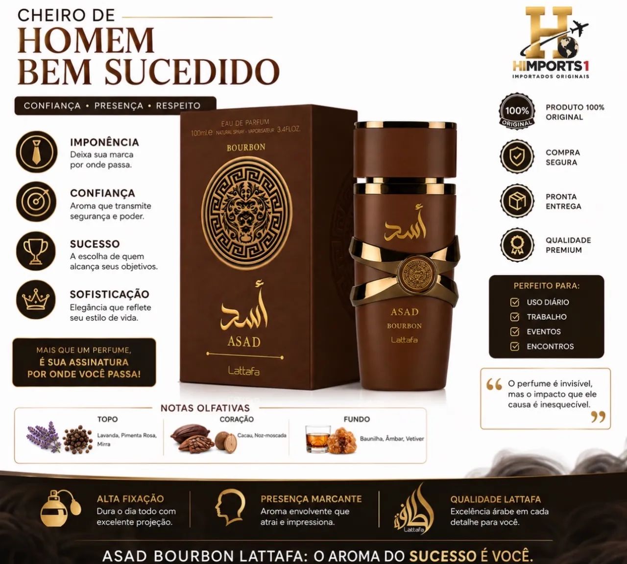Perfume Árabe Lataffa Asad Bourbon Eau de Parfum Marrom Original-100ml - Foto 5