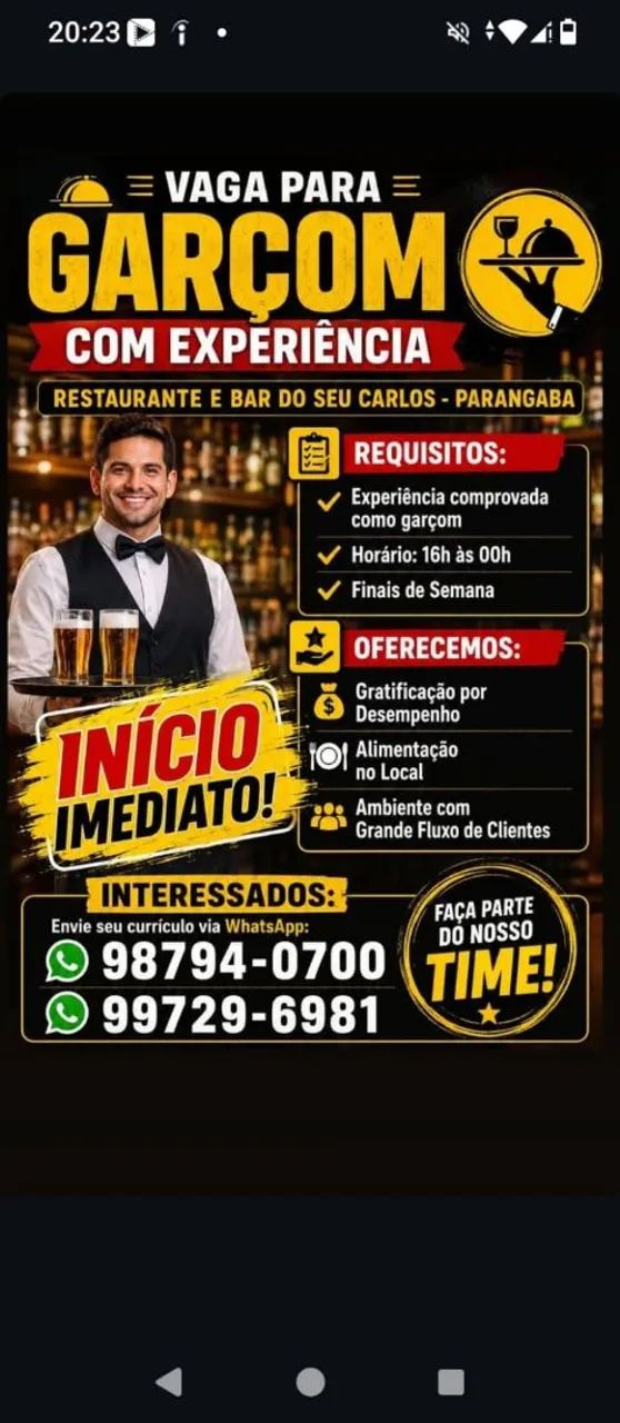 Vaga Garçom Início Imediato 