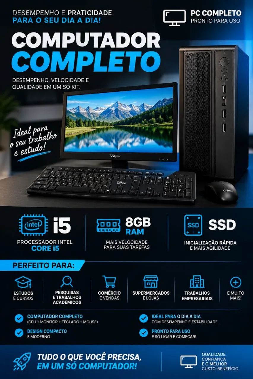 PC OFFICE COMPLETO COM MONITOR TECLADO E MOUSE. PRONTA ENTREGA