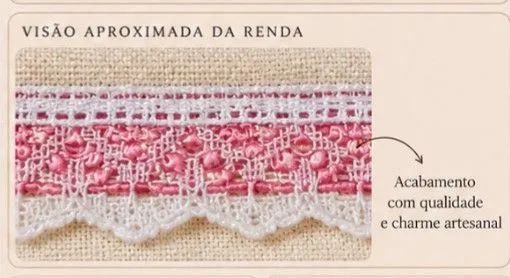 Ecobag Artesanal em Algodão Cru Creme com Renda Rosa e Bolso Frontal - Foto 2