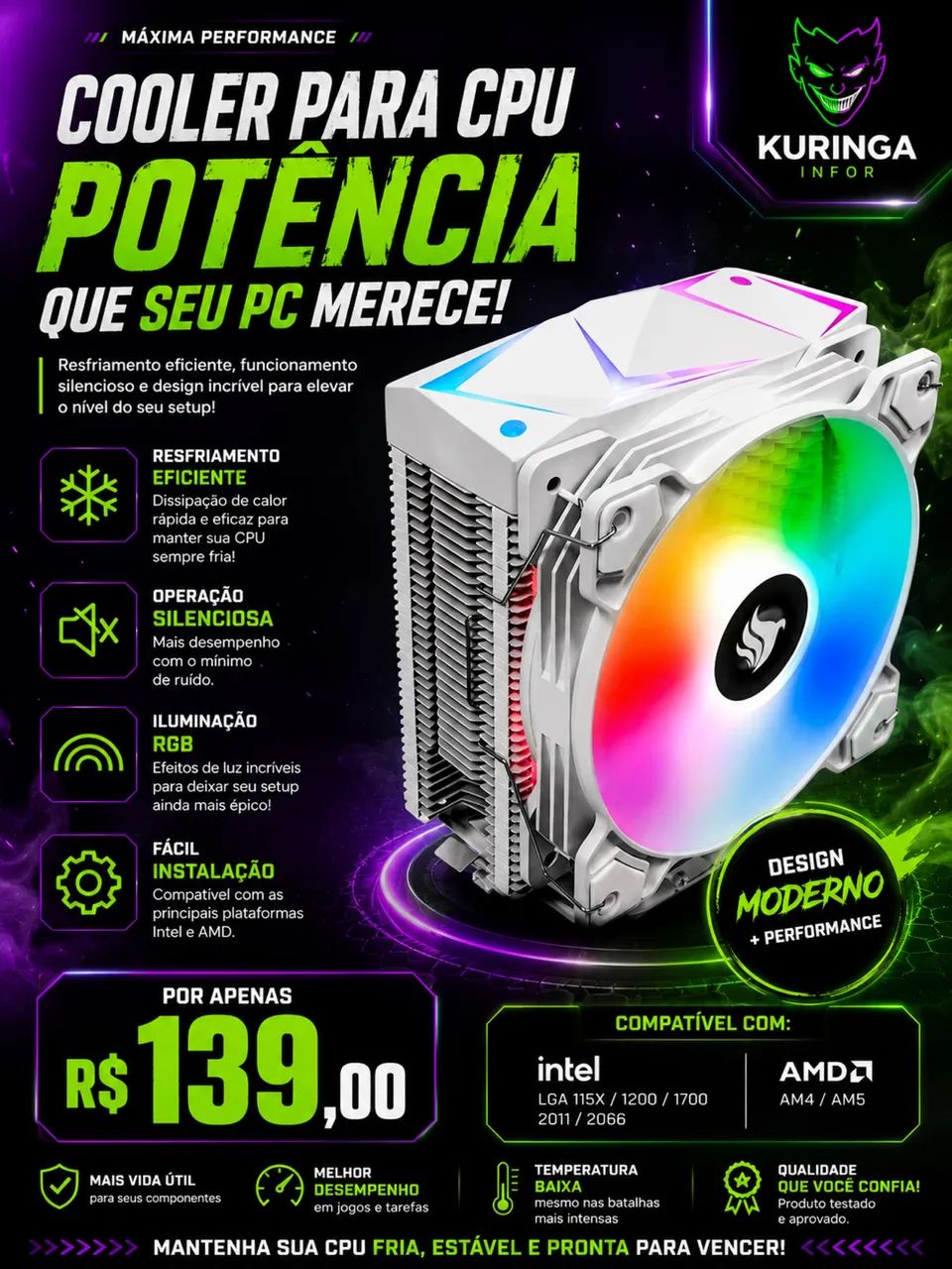 Cooler Para Processador Pichau Falcon, ARGB, 120mm - Branco. ?  