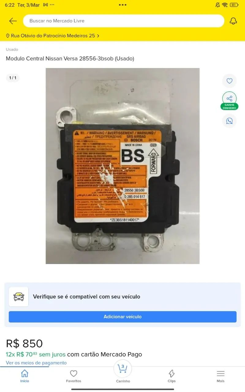 Modulo Central Nissan Versa 28556-3bsob