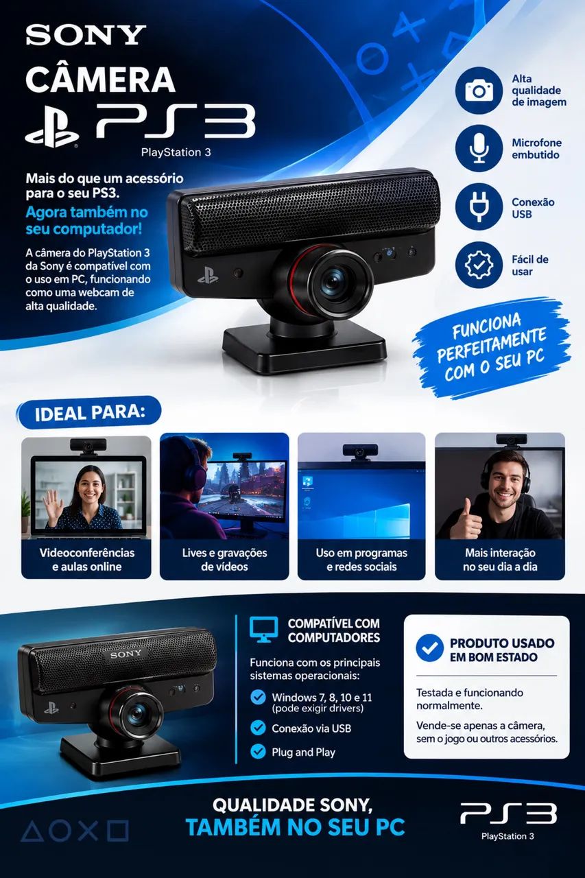 Camera Sony PlayStation 3 usada, compatível Webcam PC