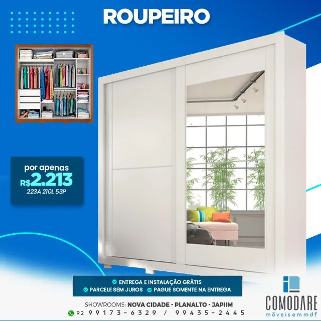 Roupeiro Branco com Espelho e Portas de Correr - R$ 2.213